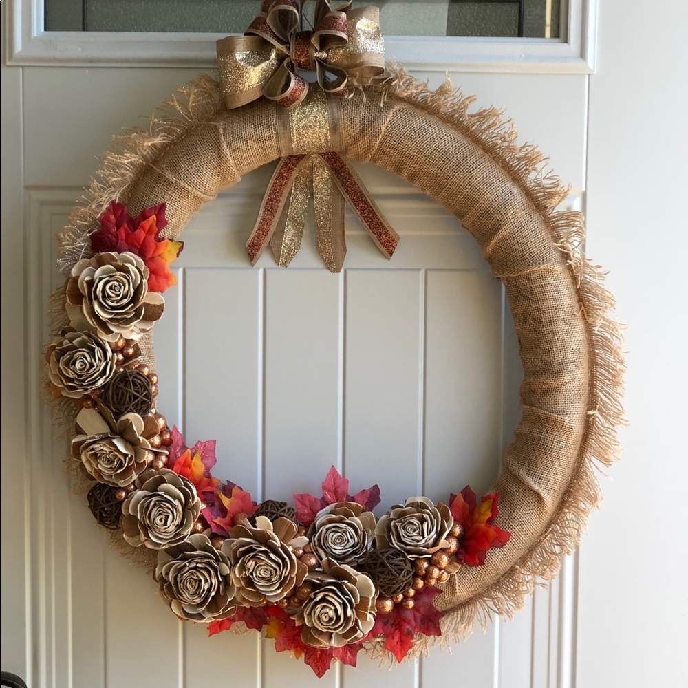 Fall Wreath RosesLeaves on Burlap Loop - Picture 3 of 8